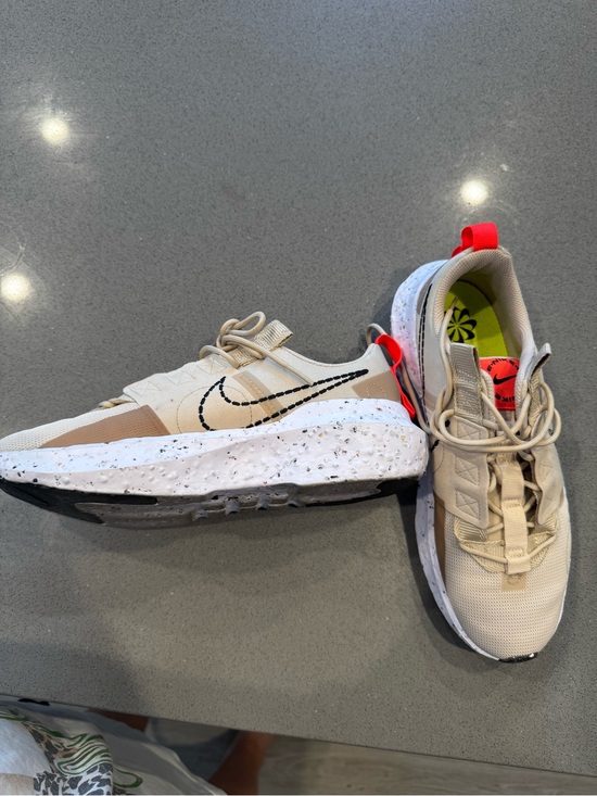 Nike Shoes - Nike Beige Running Sneakers with Black Swoosh and Neon Yellow Insole